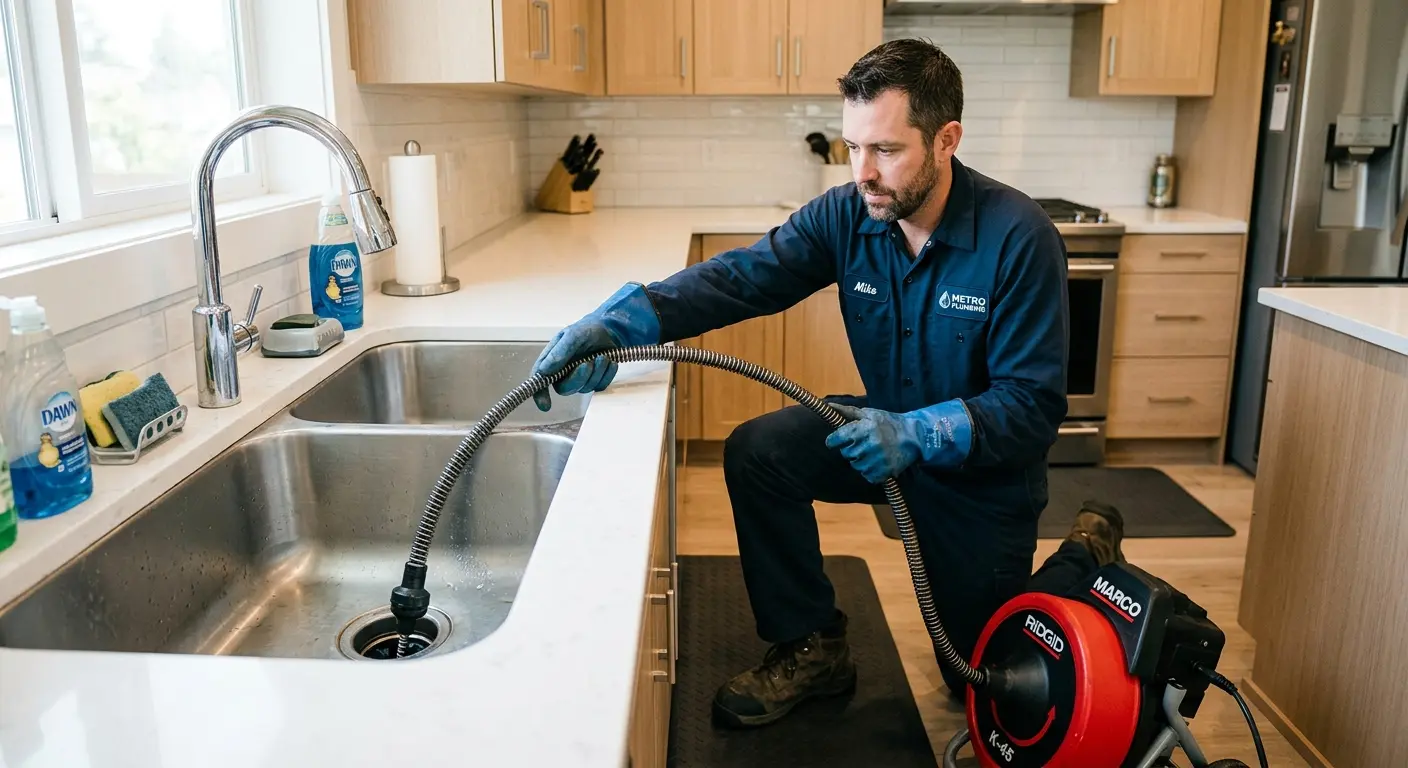 Drain cleaning technician using a motorized snake on a kitchen sink in Guilford