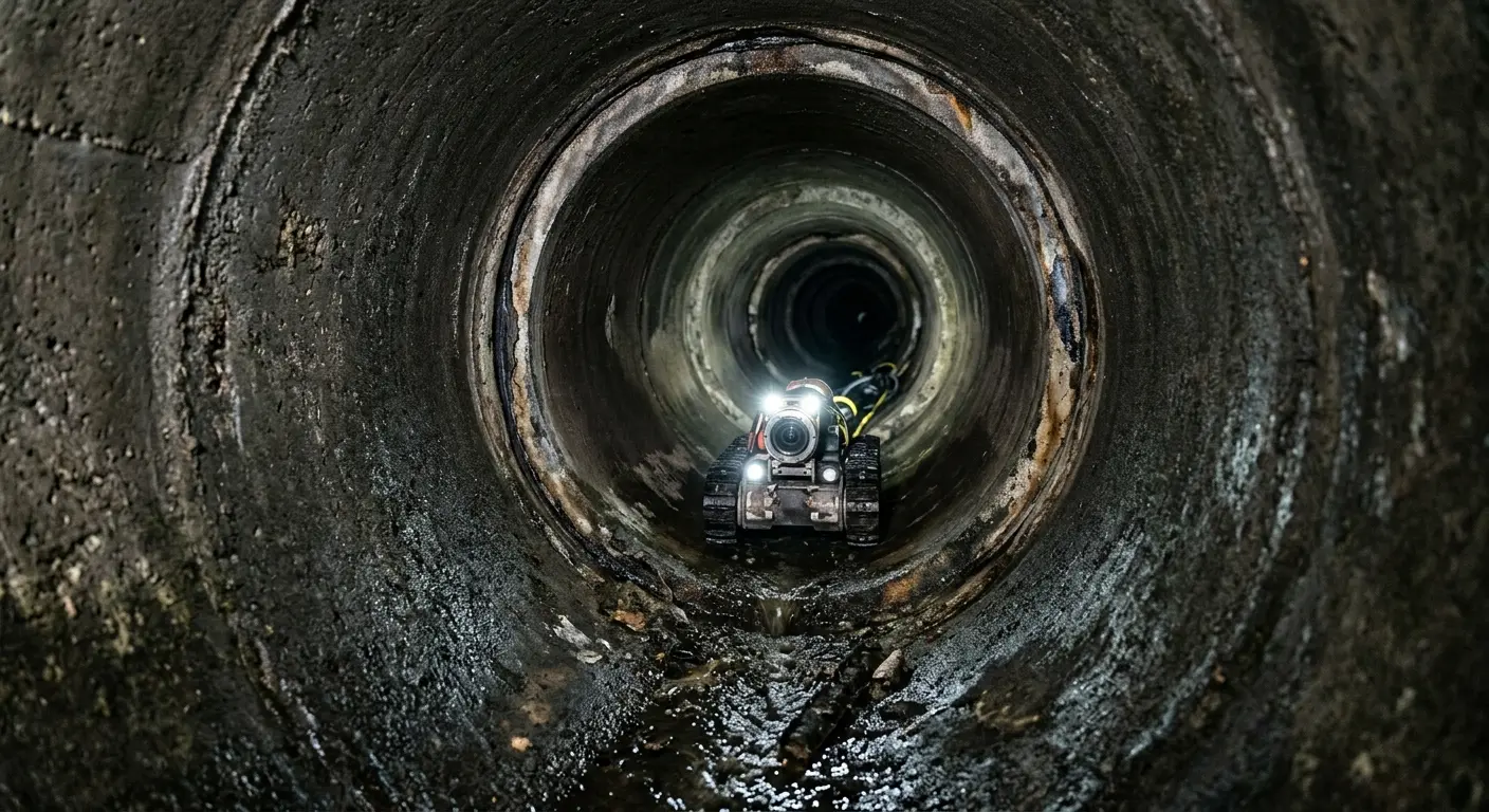 Robotic sewer camera inspecting pipe interior for Sewer Line Repair in Guilford