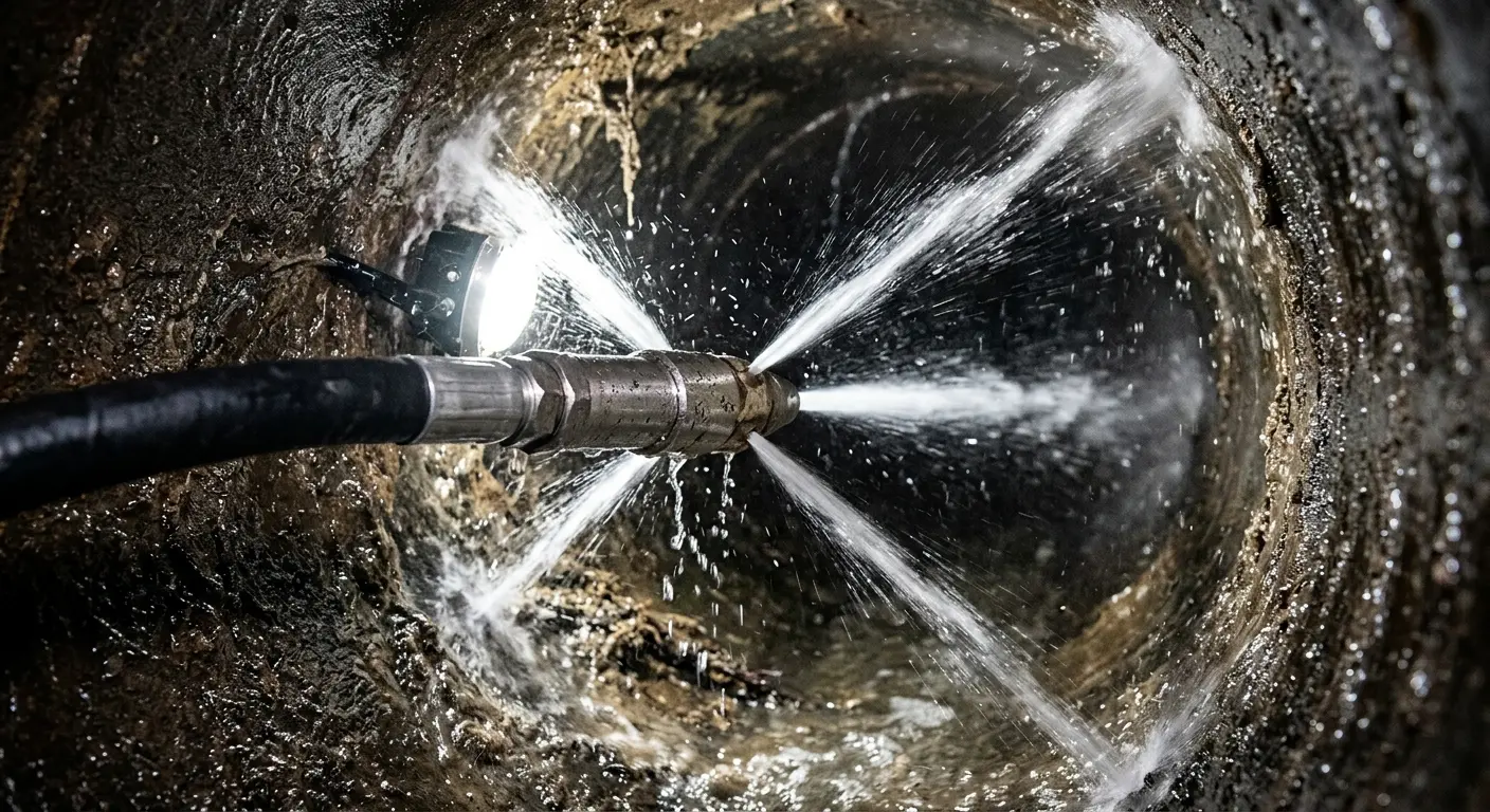 High-pressure hydro jetting nozzle cleaning sewer pipe for Trenchless Sewer Repair in Guilford